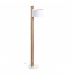 Lampadaire avec son abat jour de forme ronde en Coton coloris blanc et support Bois de hêtre
