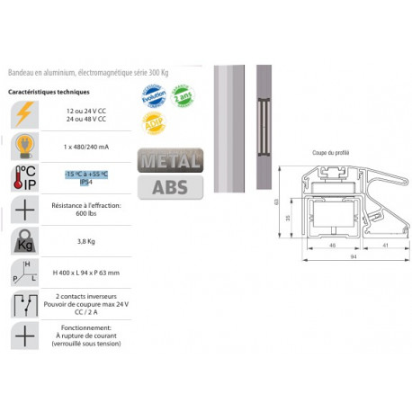 Bandeau ventouse en aluminium, électromagnétique série 300 Kg
