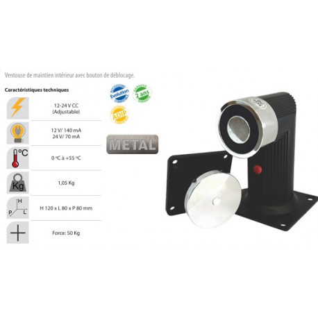 Ventouse de maintien intérieure avec bouton de déblocage.- force 50 kgs