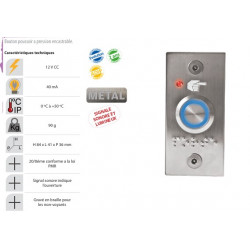 Bouton poussoir no/nf lumineux monté sur une plaque inox et son boitier pmr 12 vcc 40 ma 0° à 50° 200g conforme à la norme PMR