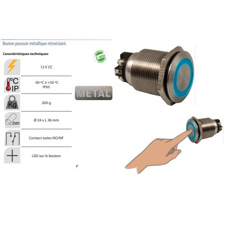 bouton poussoir rétroéclairé -rond- inox ,no/nf, diamètre de 24 mm
