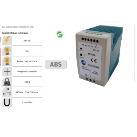 Bloc Alimentation modulaire format rail-din 48 v 2 Ah fixation rail-din