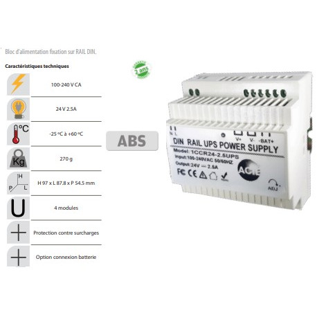 Alimentation rail-din 24v 2,5a avec entrée chargeur de batterie