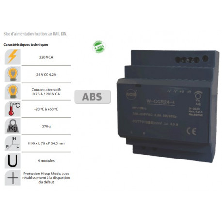 Bloc d'alimentation fixation sur rail-din 4.2 A 24vcc 4 modules 