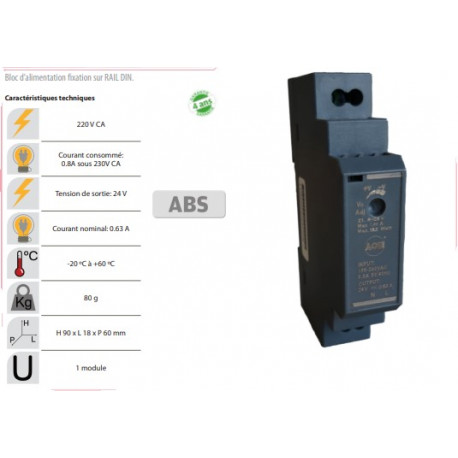 Alimentation rail-din 24v 0,63A fixation par rail-din 1 module