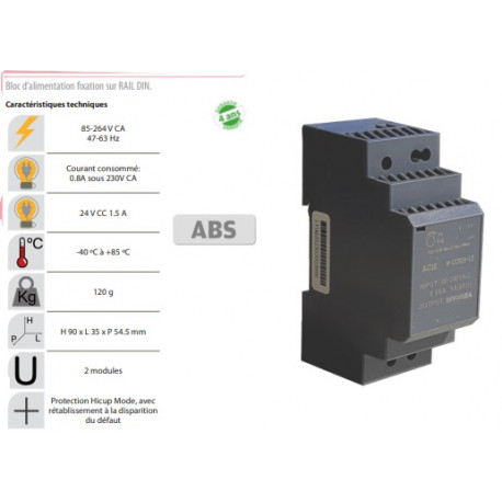 Bloc d'limentation fixation sur rail-din 24 V 1,5A 3 modules