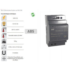 Bloc d'limentation fixation sur rail-din 5A 12vcc - 3 modules