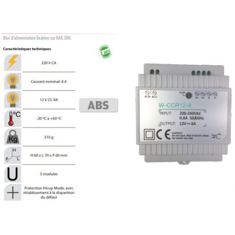 Bloc d'limentation fixation sur rail-din 8,3A 12vcc 5 modules