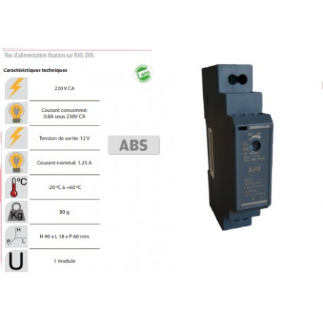Alimentation rail-din 1,25A 12vcc 1 module
