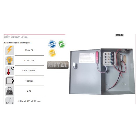 coffret chargeur 4 sorties alimentation fusiblée/ réarmable cctv ,12v 5a, 203*163*74mm.