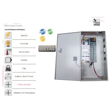ccoffret chargeur 9 sorties alimentation fusiblée/ réarmable cctv ,12v 16A