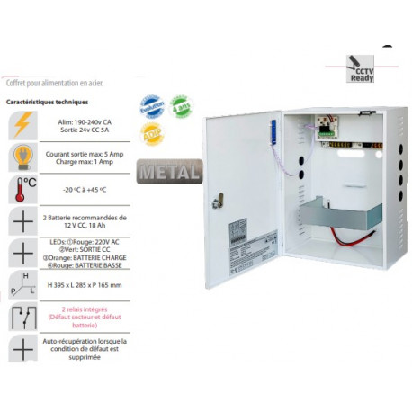 Coffret alimentation avec chargeur régulé 220 v 24 v 5 a sous boîtier métallique