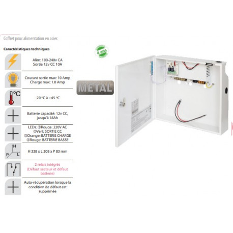 Coffret alimentation avec chargeur régulé 220 v 12 v 18 A sous boîtier métallique